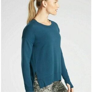 Athleta Coaster Luxe Sweatshirt Size Small Teal Long Sleeve Pullover Thumb Holes